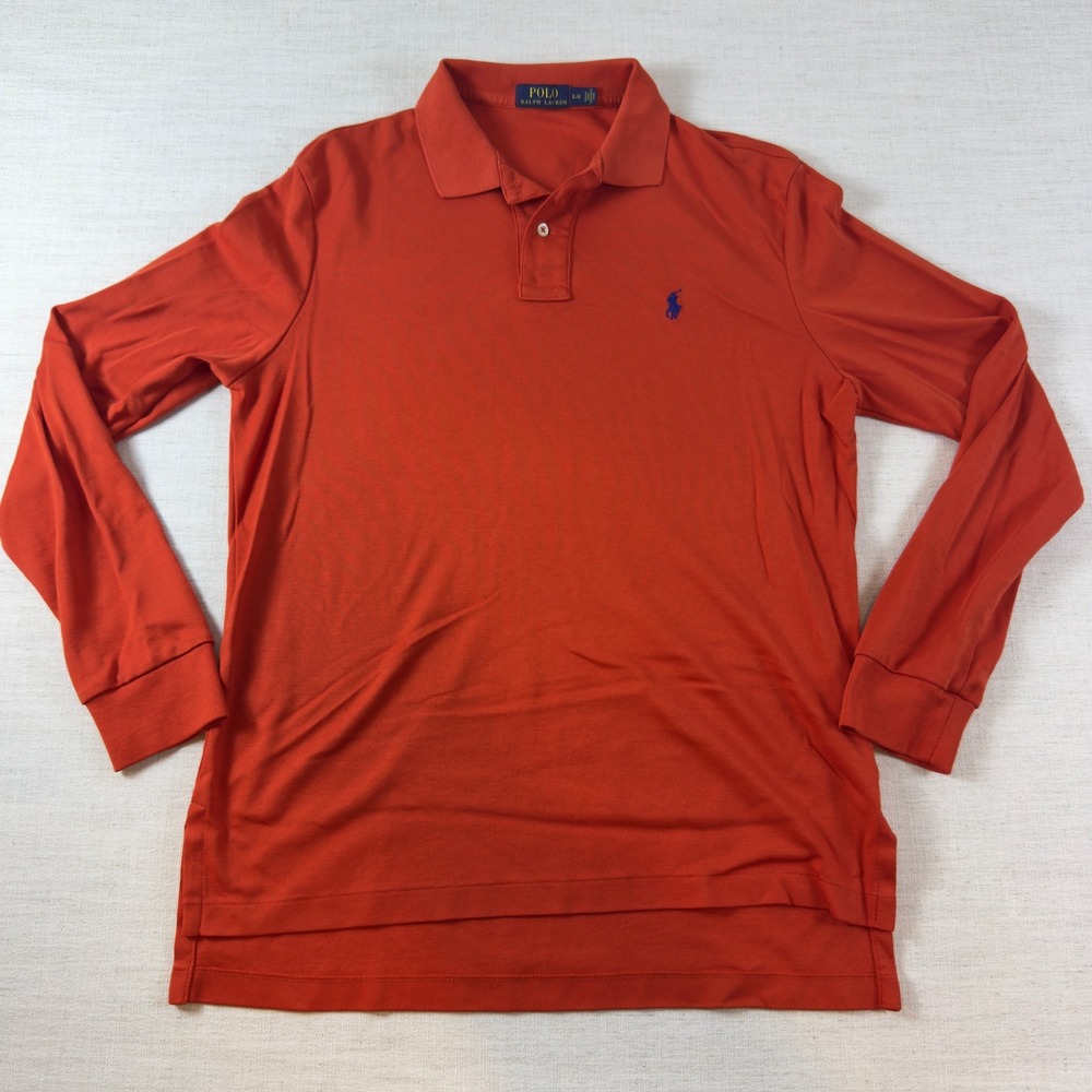 Polo Ralph Lauren Polo Shirt Mens L Orange Long Sleeve Cotton Blue Pony Classic